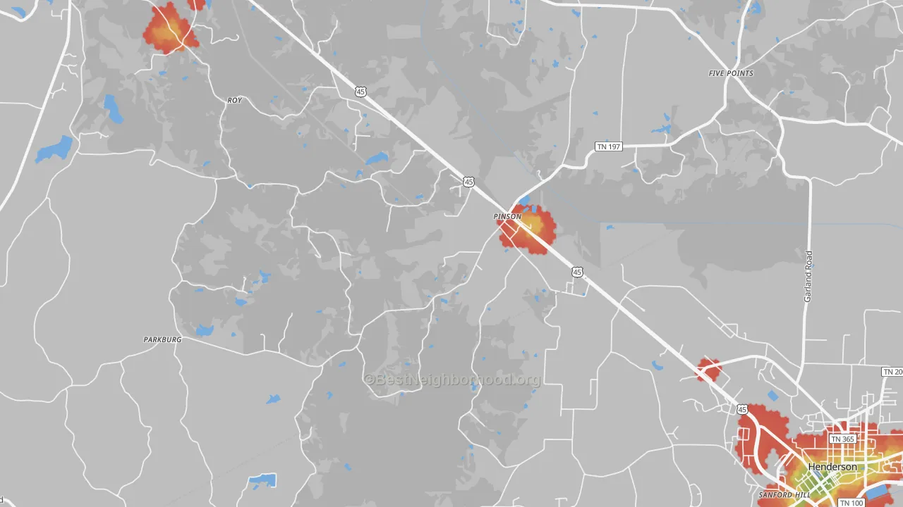 Walk Grade map of 38366, TN, walkable areas in green and car-dependent areas in red