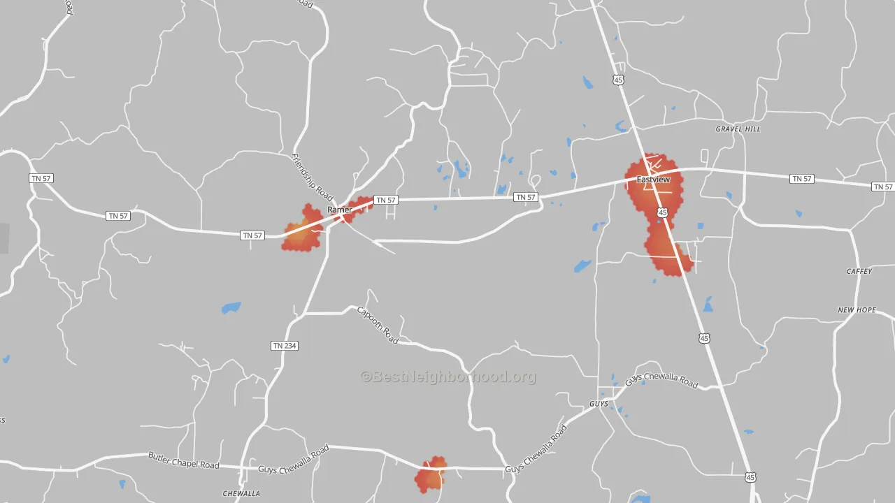 Walk Grade map of 38367, TN, walkable areas in green and car-dependent areas in red