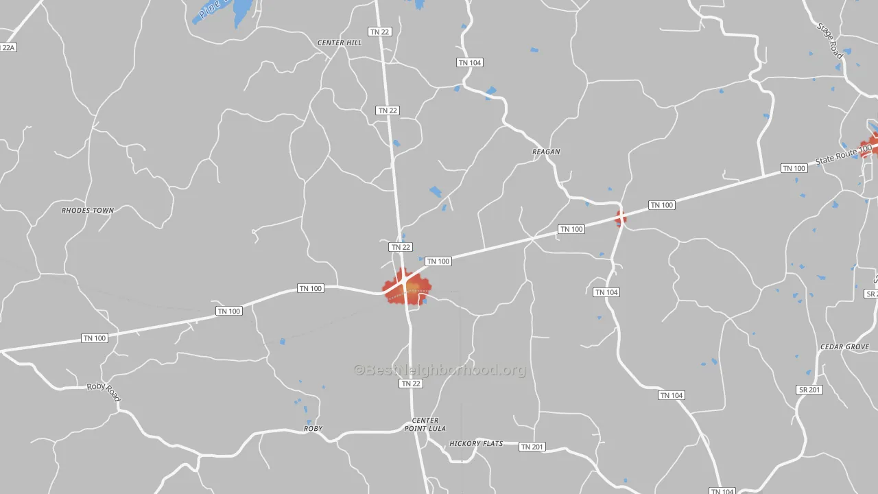 Walk Grade map of 38368, TN, walkable areas in green and car-dependent areas in red