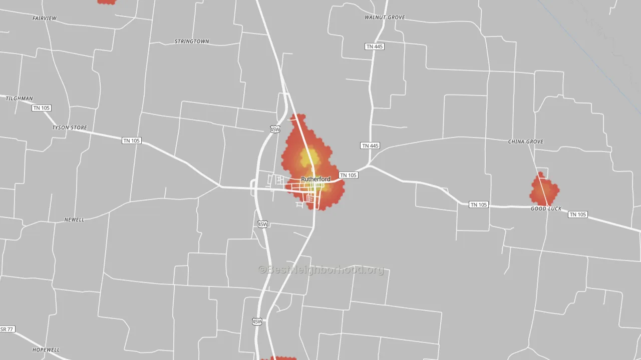 Walk Grade map of 38369, TN, walkable areas in green and car-dependent areas in red