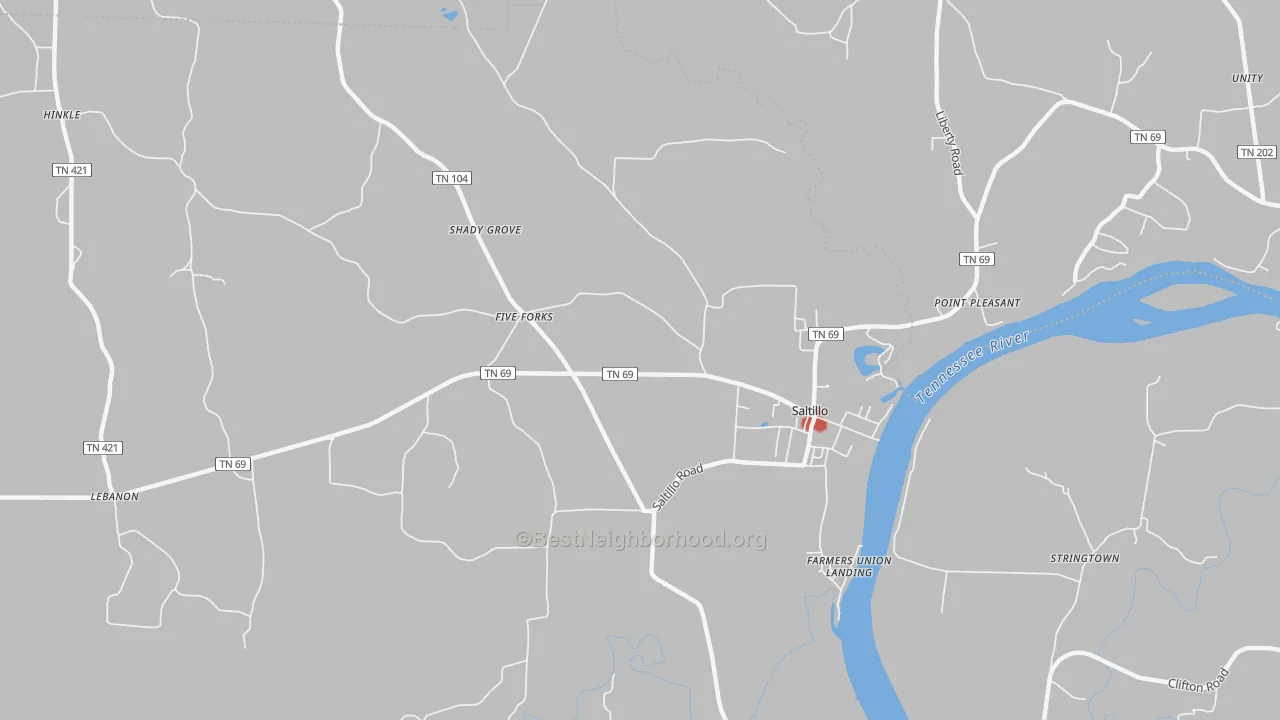 Walk Grade map of 38370, TN, walkable areas in green and car-dependent areas in red