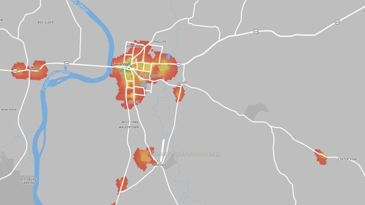 Walk Grade map of 38372, TN, walkable areas in green and car-dependent areas in red