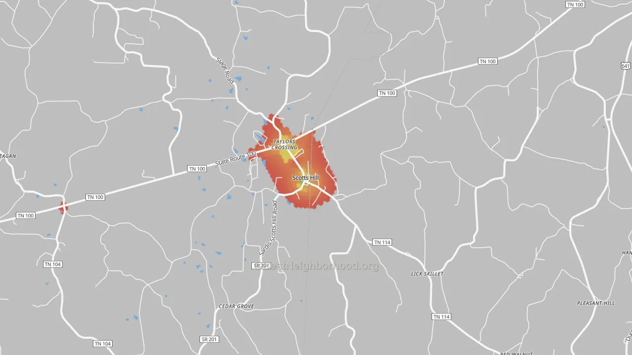 Walk Grade map of 38374, TN, walkable areas in green and car-dependent areas in red