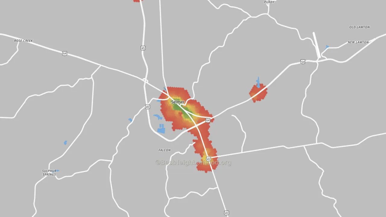 Walk Grade map of 38375, TN, walkable areas in green and car-dependent areas in red