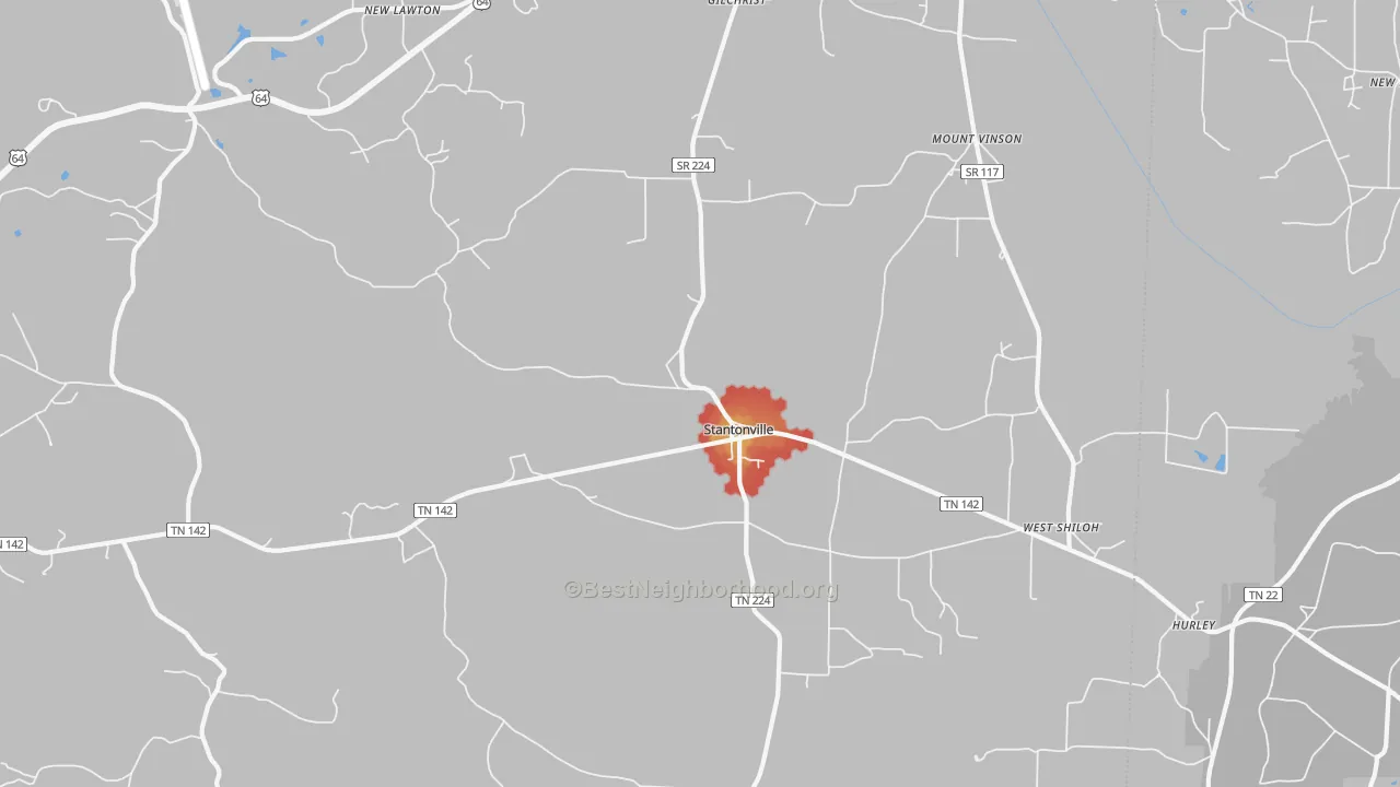 Walk Grade map of 38379, TN, walkable areas in green and car-dependent areas in red