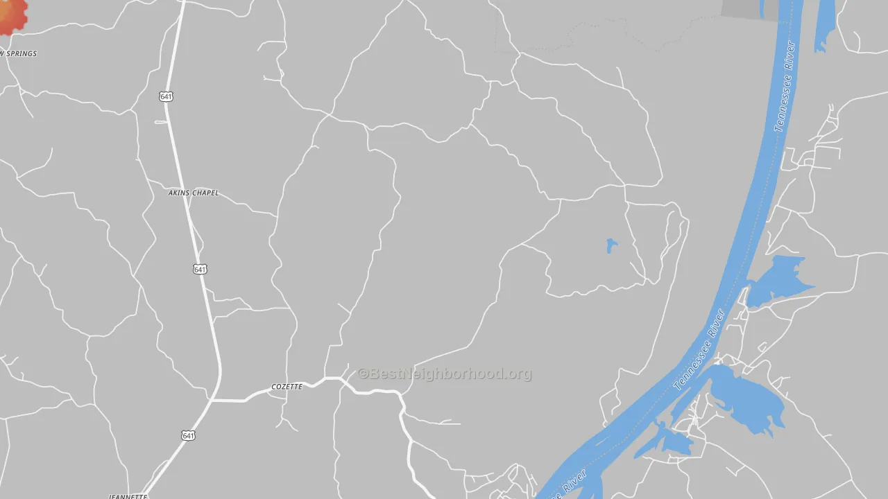 Walk Grade map of 38380, TN, walkable areas in green and car-dependent areas in red