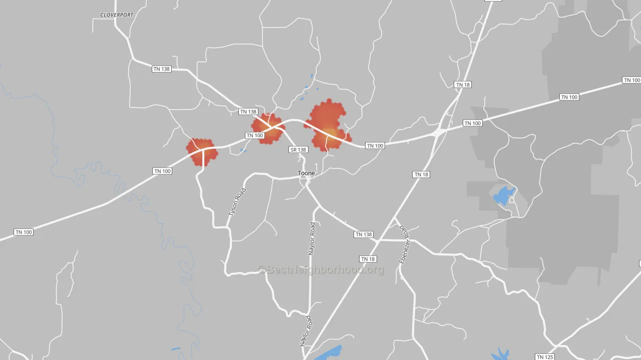 Walk Grade map of 38381, TN, walkable areas in green and car-dependent areas in red
