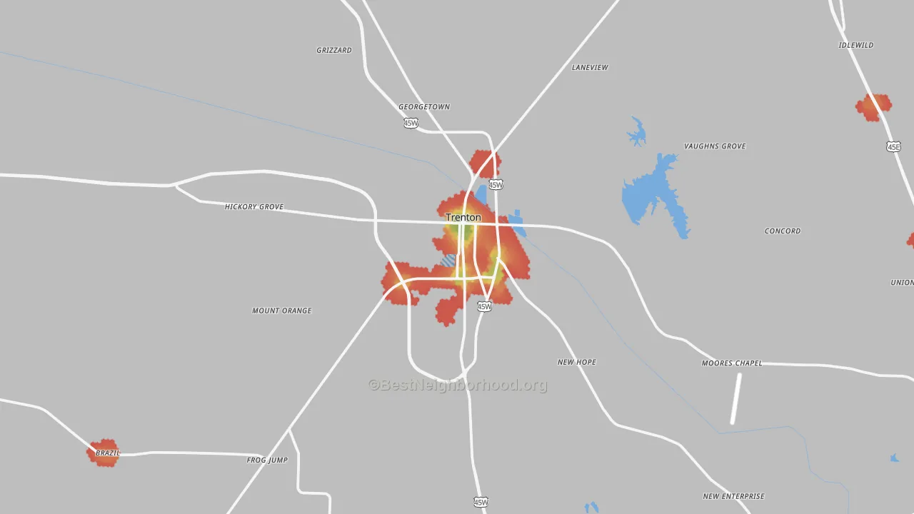 Walk Grade map of 38382, TN, walkable areas in green and car-dependent areas in red