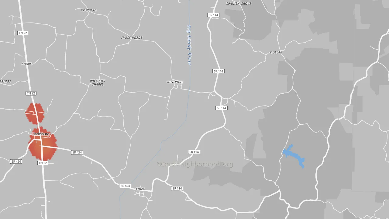 Walk Grade map of 38387, TN, walkable areas in green and car-dependent areas in red