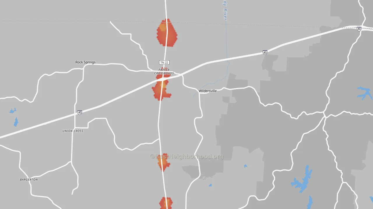 Walk Grade map of 38388, TN, walkable areas in green and car-dependent areas in red