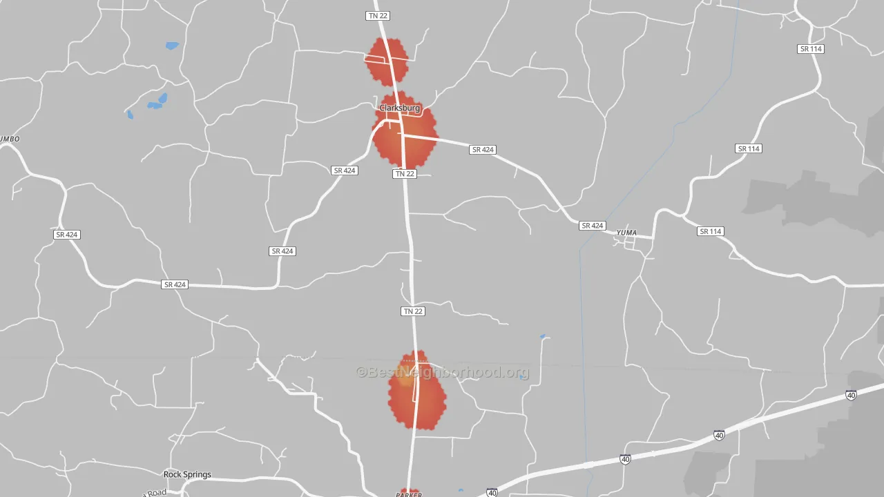 Walk Grade map of 38390, TN, walkable areas in green and car-dependent areas in red