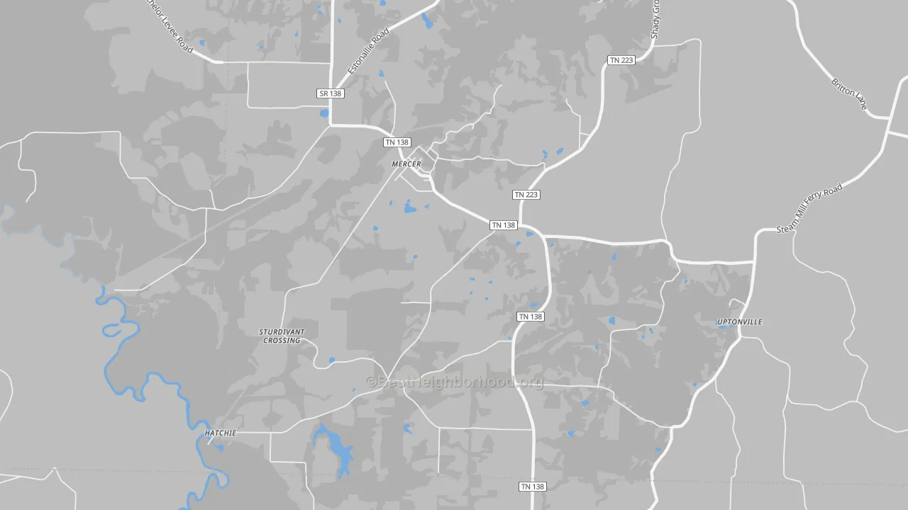 Walk Grade map of 38392, TN, walkable areas in green and car-dependent areas in red