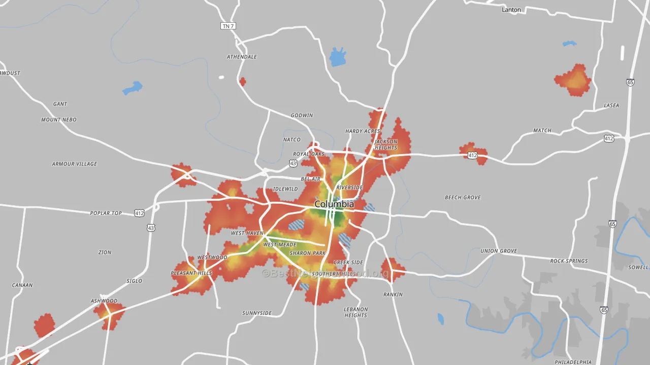 Walk Grade map of 38401, TN, walkable areas in green and car-dependent areas in red
