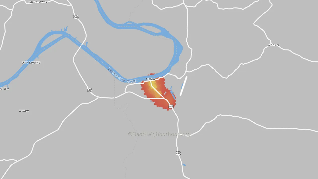 Walk Grade map of 38425, TN, walkable areas in green and car-dependent areas in red