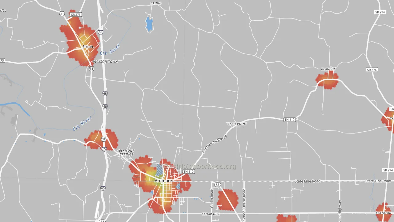Walk Grade map of 38449, TN, walkable areas in green and car-dependent areas in red
