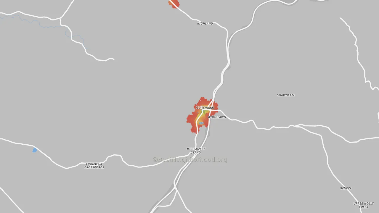 Walk Grade map of 38450, TN, walkable areas in green and car-dependent areas in red