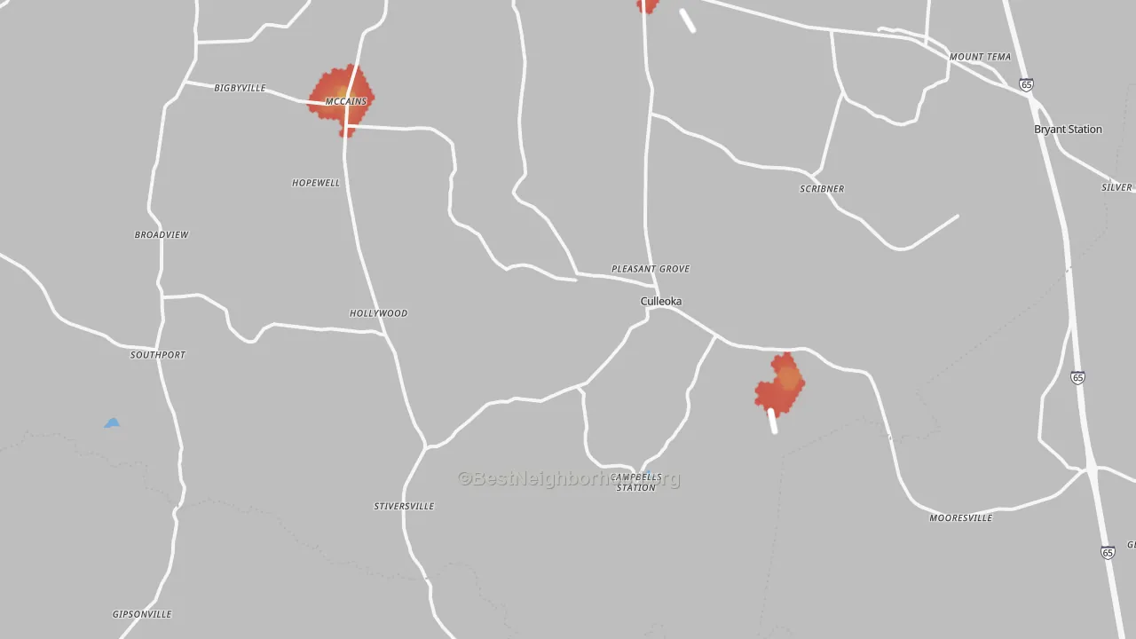 Walk Grade map of 38451, TN, walkable areas in green and car-dependent areas in red