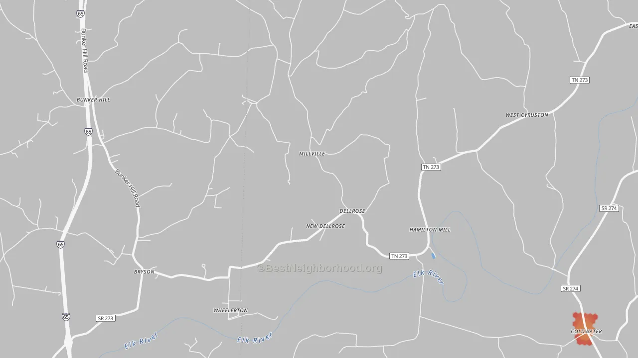 Walk Grade map of 38453, TN, walkable areas in green and car-dependent areas in red