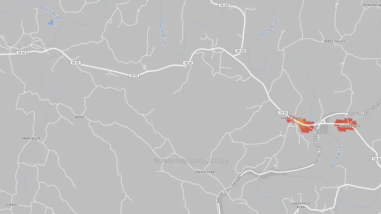 Walk Grade map of 38454, TN, walkable areas in green and car-dependent areas in red
