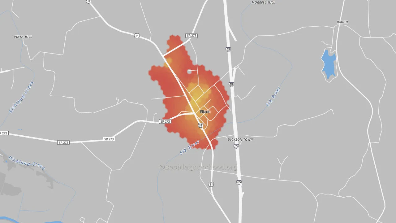 Walk Grade map of 38455, TN, walkable areas in green and car-dependent areas in red