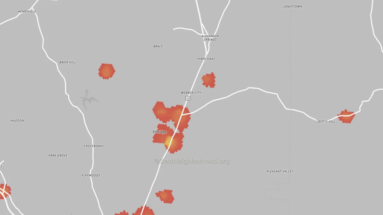 Walk Grade map of 38456, TN, walkable areas in green and car-dependent areas in red