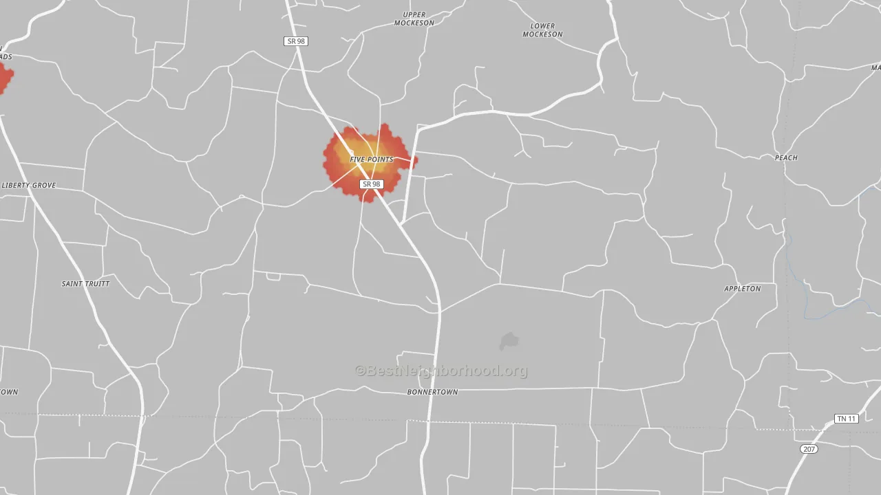 Walk Grade map of 38457, TN, walkable areas in green and car-dependent areas in red