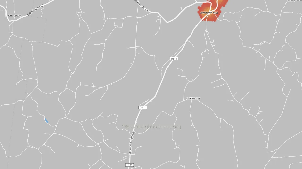 Walk Grade map of 38460, TN, walkable areas in green and car-dependent areas in red