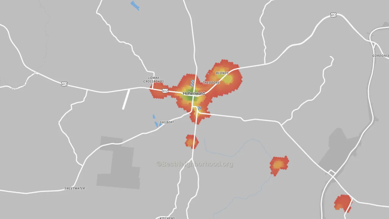 Walk Grade map of 38462, TN, walkable areas in green and car-dependent areas in red