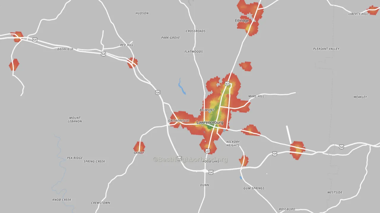 Walk Grade map of 38464, TN, walkable areas in green and car-dependent areas in red