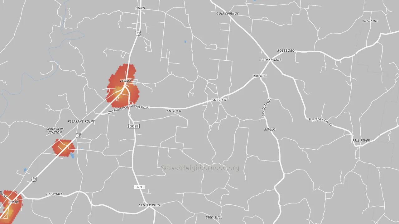 Walk Grade map of 38468, TN, walkable areas in green and car-dependent areas in red