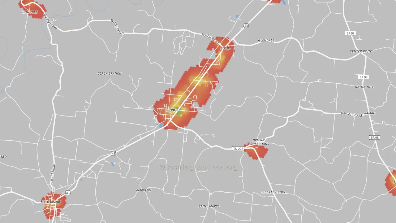 Walk Grade map of 38469, TN, walkable areas in green and car-dependent areas in red