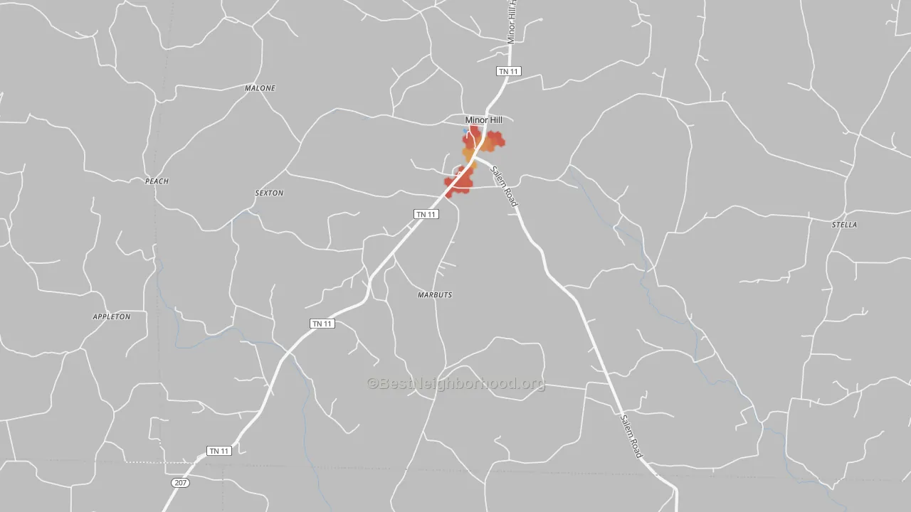 Walk Grade map of 38473, TN, walkable areas in green and car-dependent areas in red