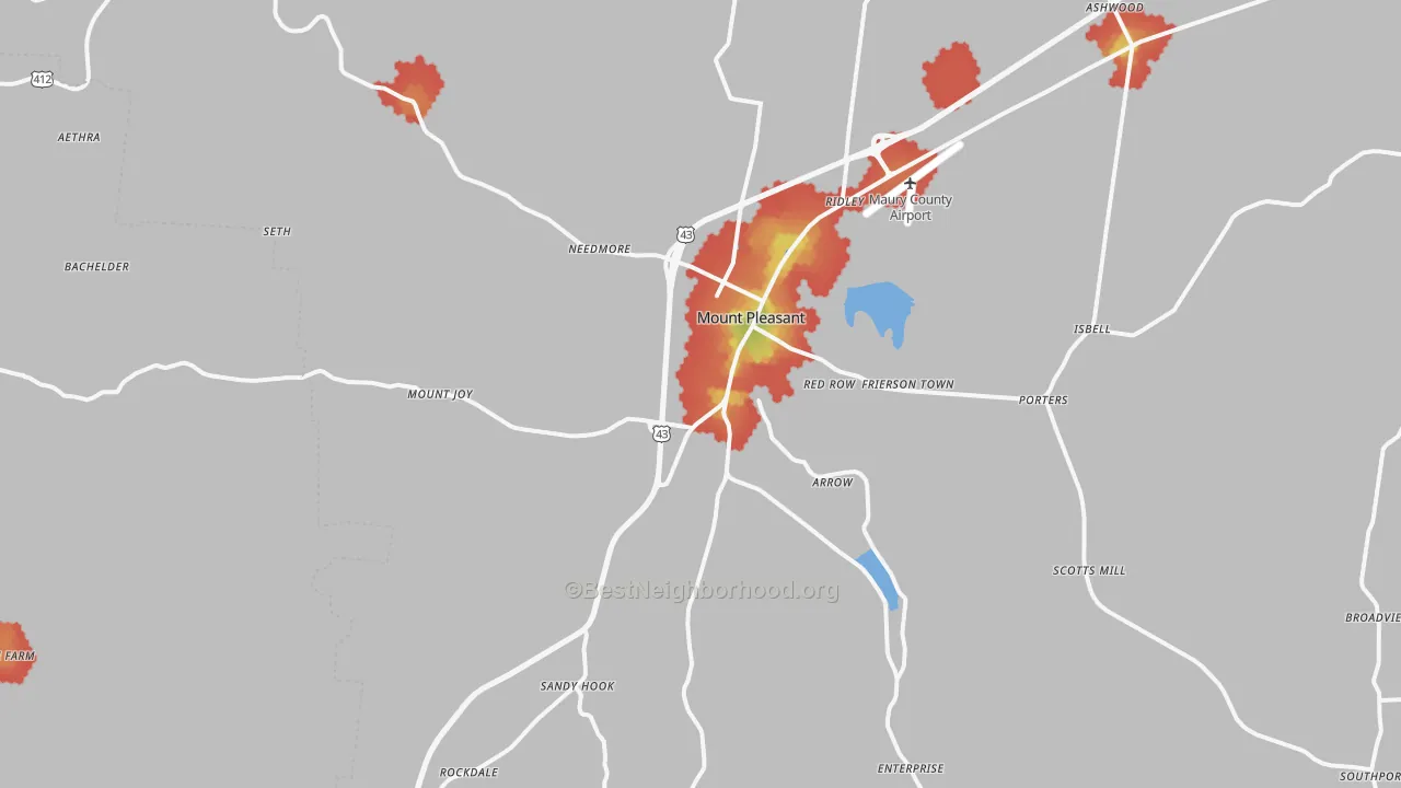 Walk Grade map of 38474, TN, walkable areas in green and car-dependent areas in red