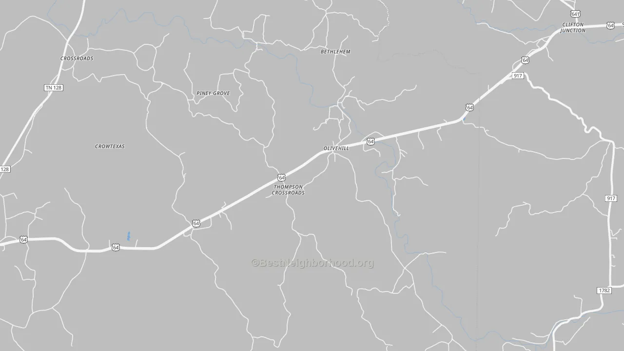 Walk Grade map of 38475, TN, walkable areas in green and car-dependent areas in red