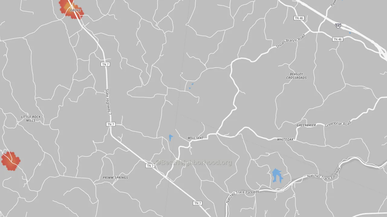 Walk Grade map of 38476, TN, walkable areas in green and car-dependent areas in red