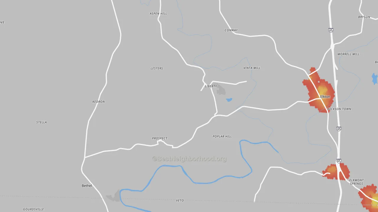 Walk Grade map of 38477, TN, walkable areas in green and car-dependent areas in red