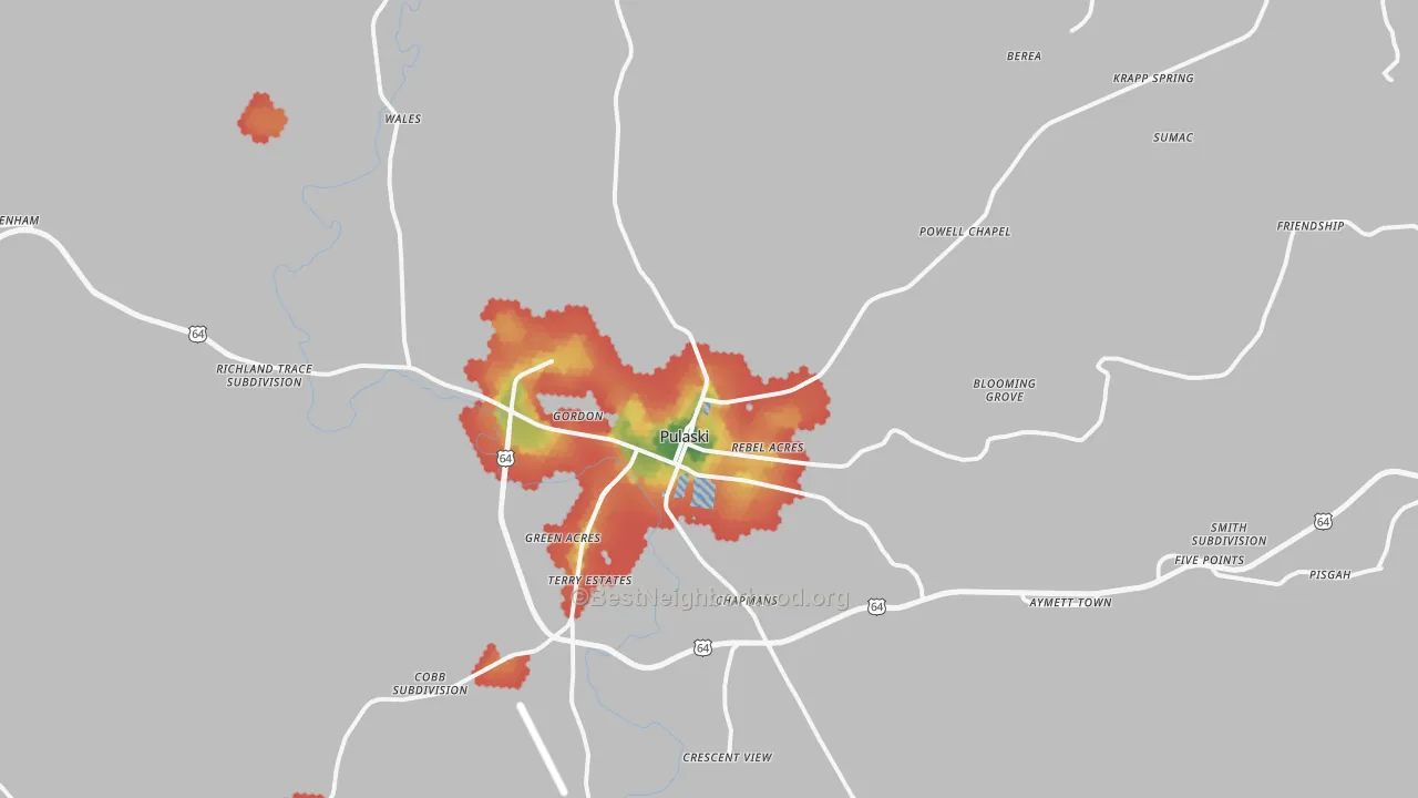 Walk Grade map of 38478, TN, walkable areas in green and car-dependent areas in red