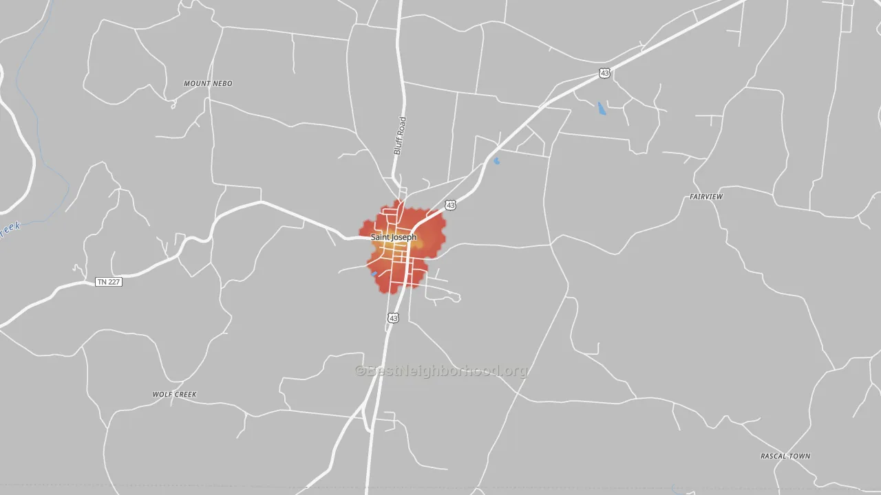 Walk Grade map of 38481, TN, walkable areas in green and car-dependent areas in red