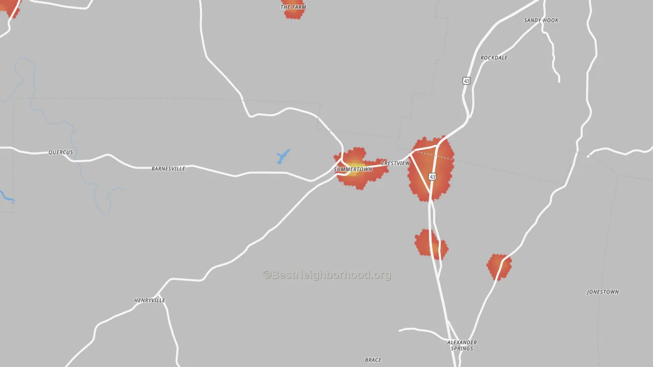 Walk Grade map of 38483, TN, walkable areas in green and car-dependent areas in red