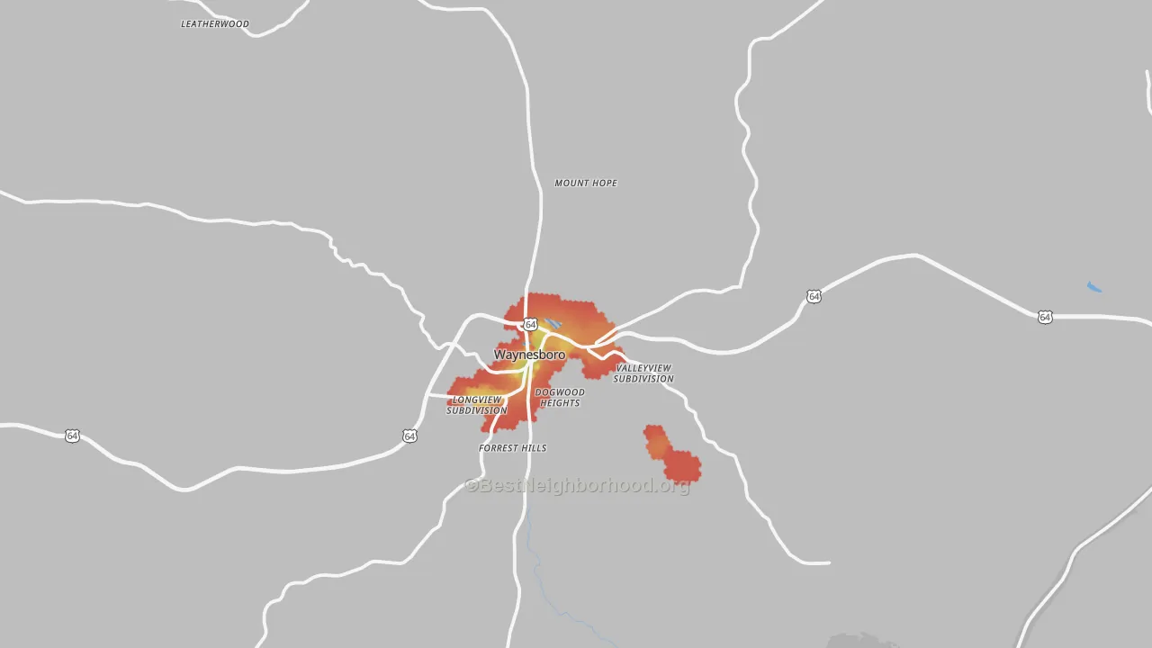 Walk Grade map of 38485, TN, walkable areas in green and car-dependent areas in red
