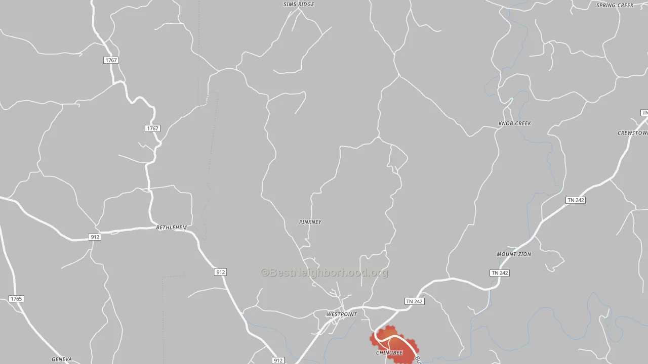 Walk Grade map of 38486, TN, walkable areas in green and car-dependent areas in red
