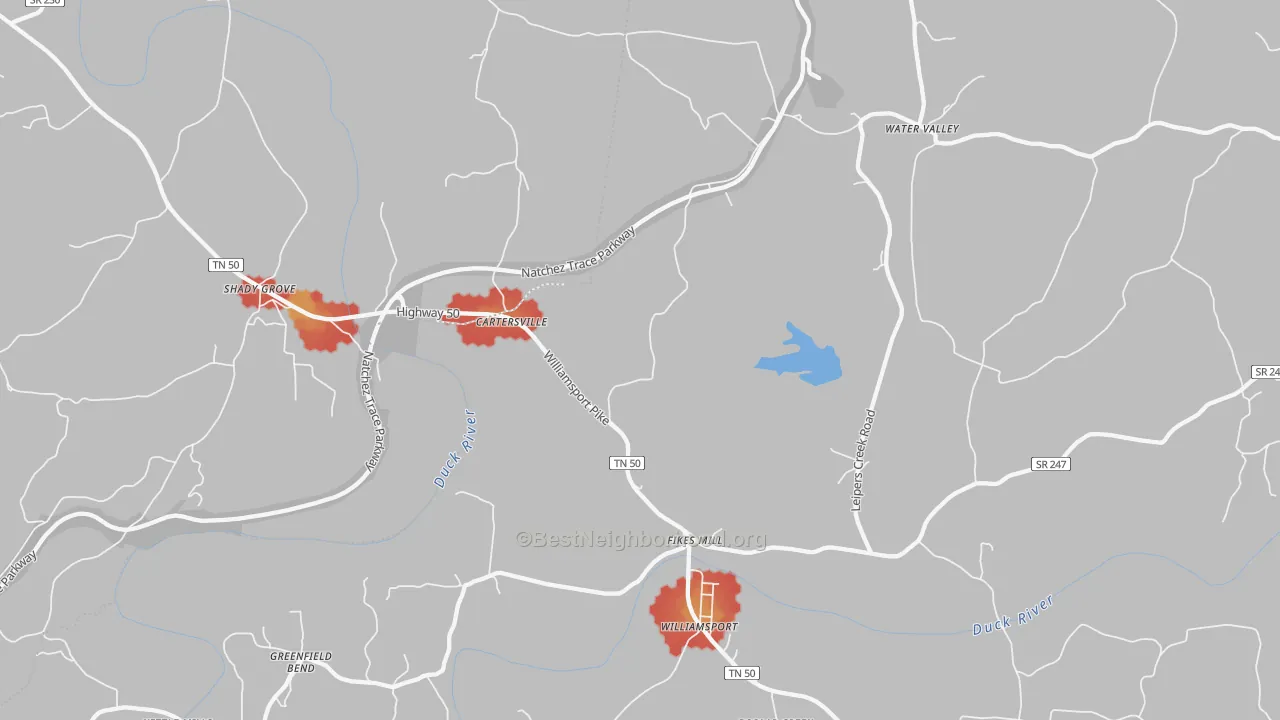 Walk Grade map of 38487, TN, walkable areas in green and car-dependent areas in red