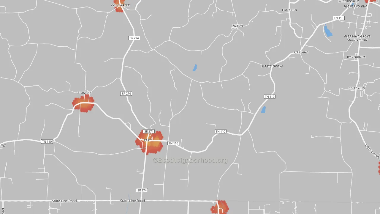 Walk Grade map of 38488, TN, walkable areas in green and car-dependent areas in red