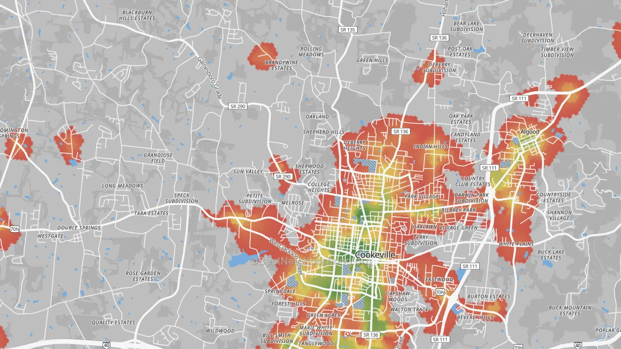Walk Grade map of 38501, TN, walkable areas in green and car-dependent areas in red