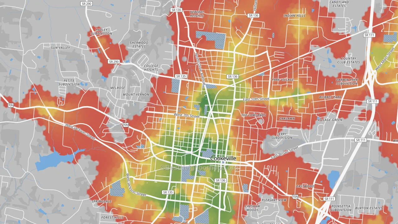 Walk Grade map of 38505, TN, walkable areas in green and car-dependent areas in red