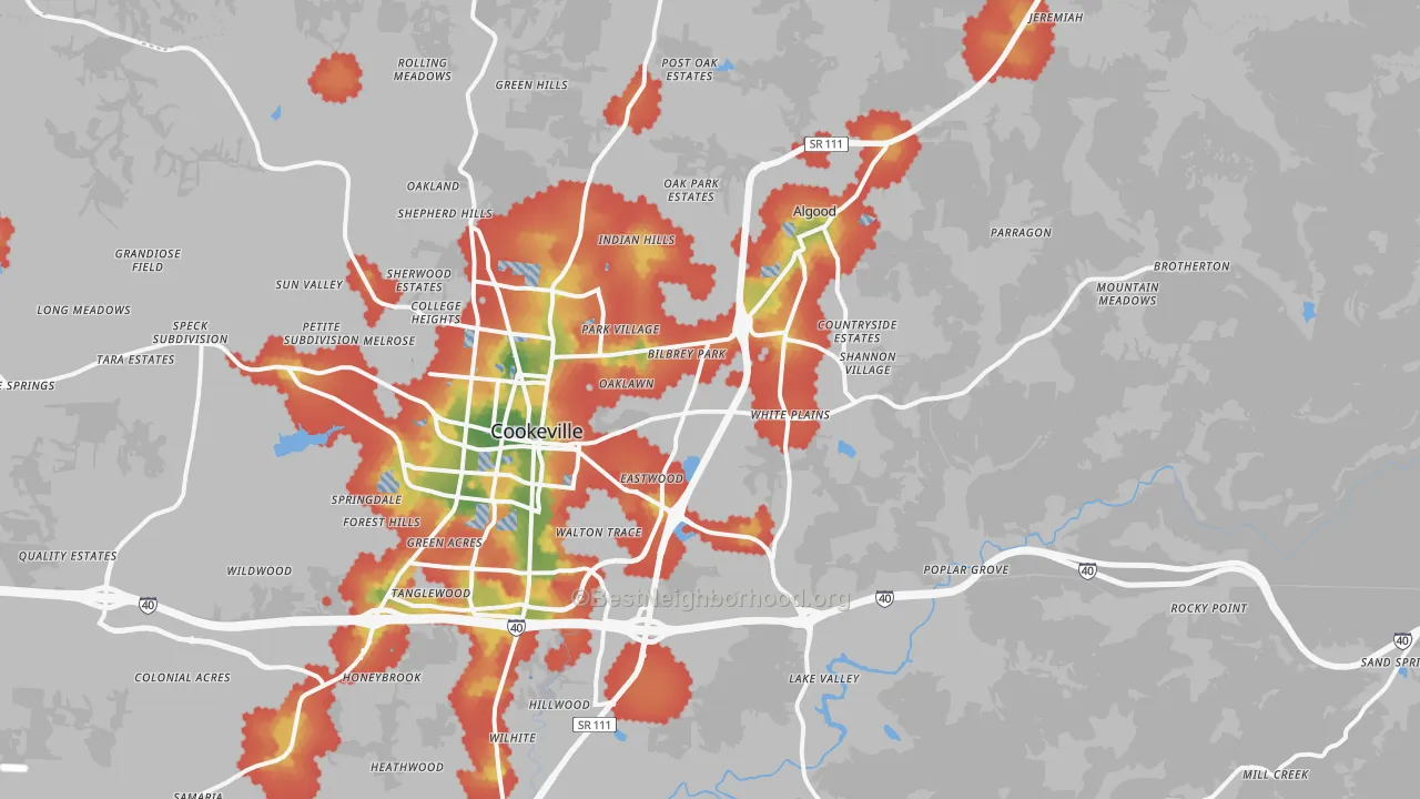 Walk Grade map of 38506, TN, walkable areas in green and car-dependent areas in red