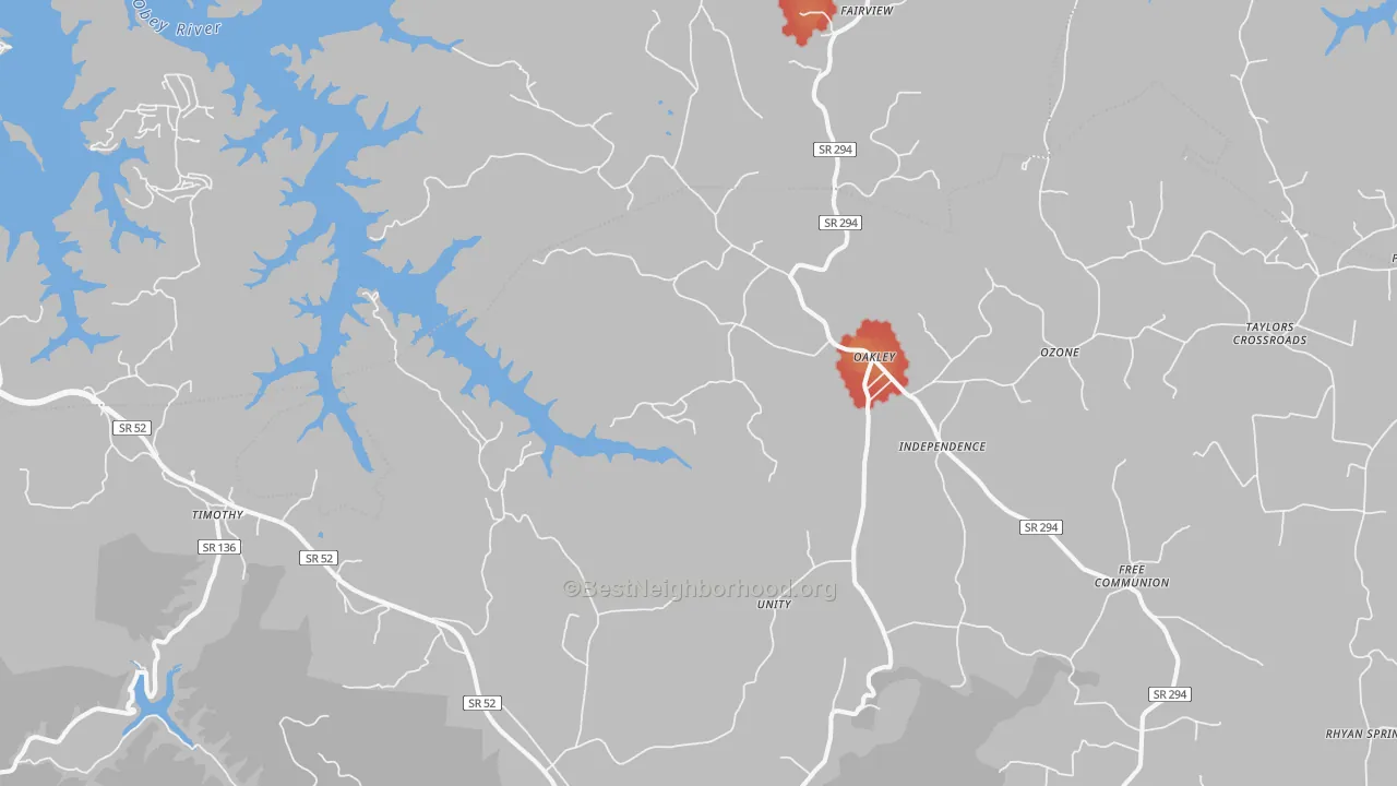 Walk Grade map of 38541, TN, walkable areas in green and car-dependent areas in red