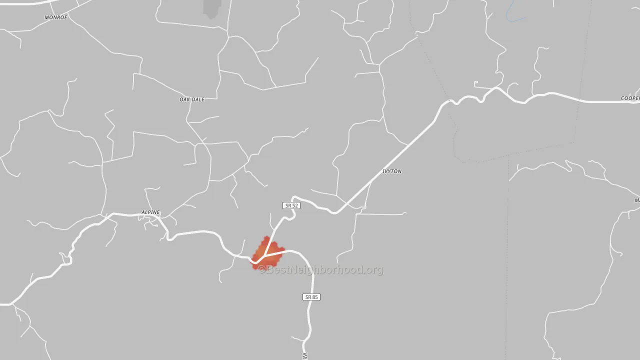 Walk Grade map of 38543, TN, walkable areas in green and car-dependent areas in red