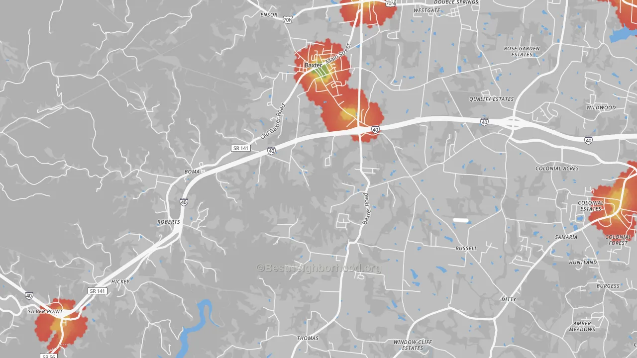 Walk Grade map of 38544, TN, walkable areas in green and car-dependent areas in red