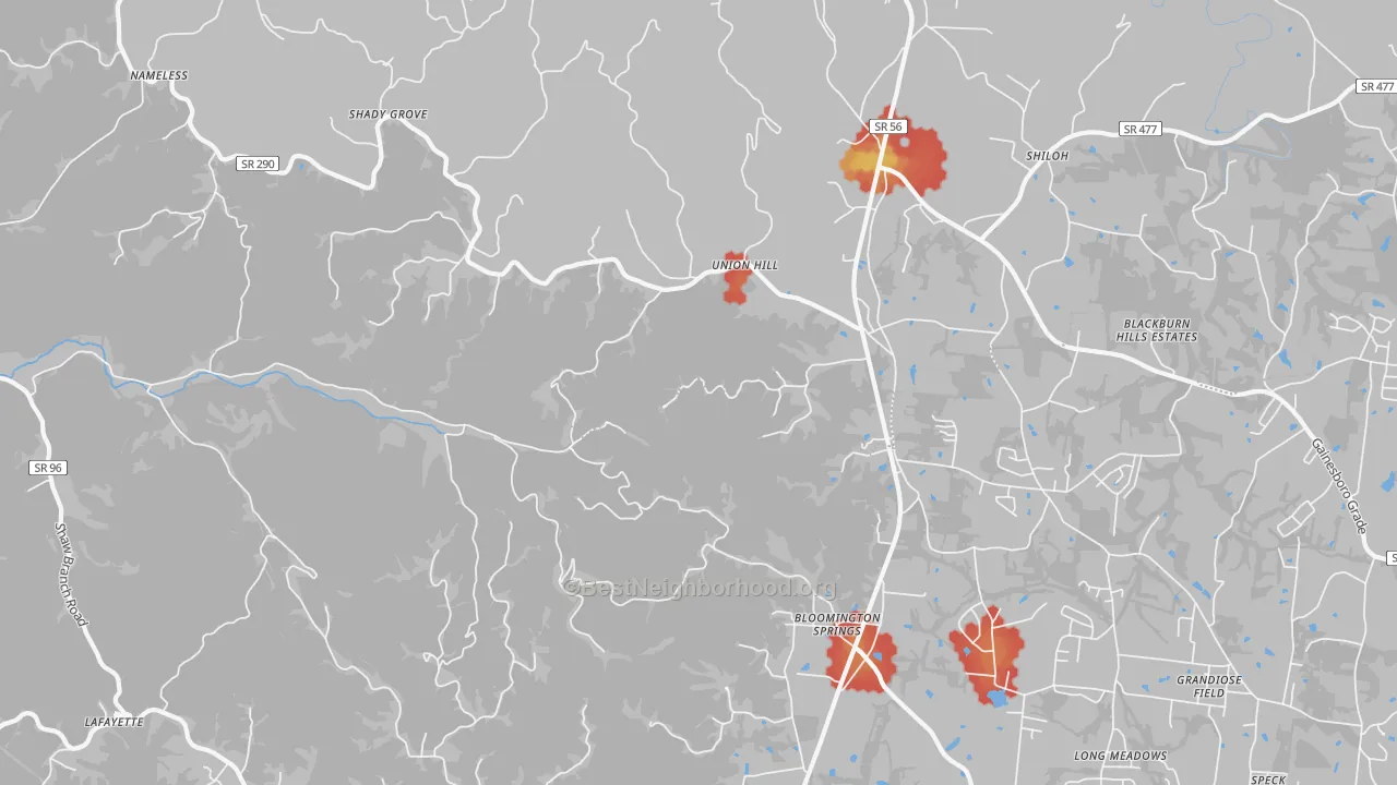 Walk Grade map of 38545, TN, walkable areas in green and car-dependent areas in red